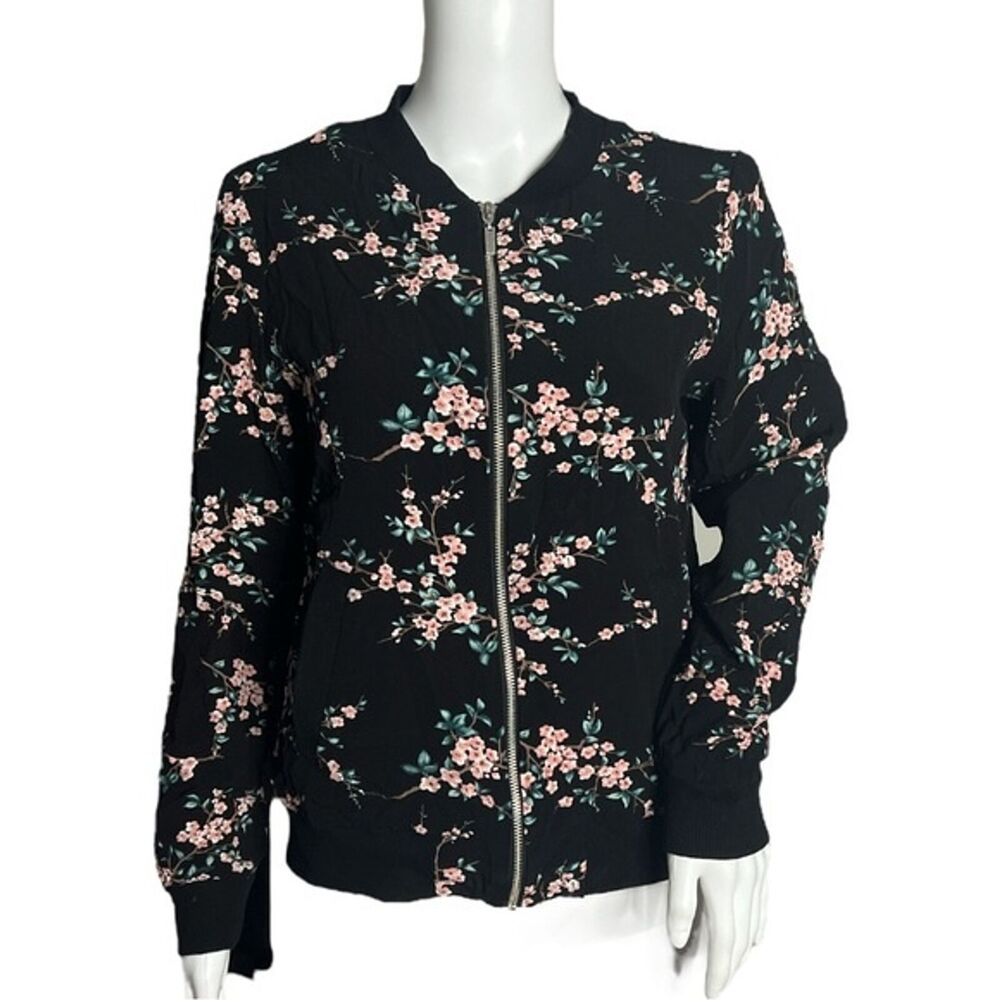 Dalia Jacket Womens Medium Black Pink Floral Flowers Zip Up Bomber Cottagecore